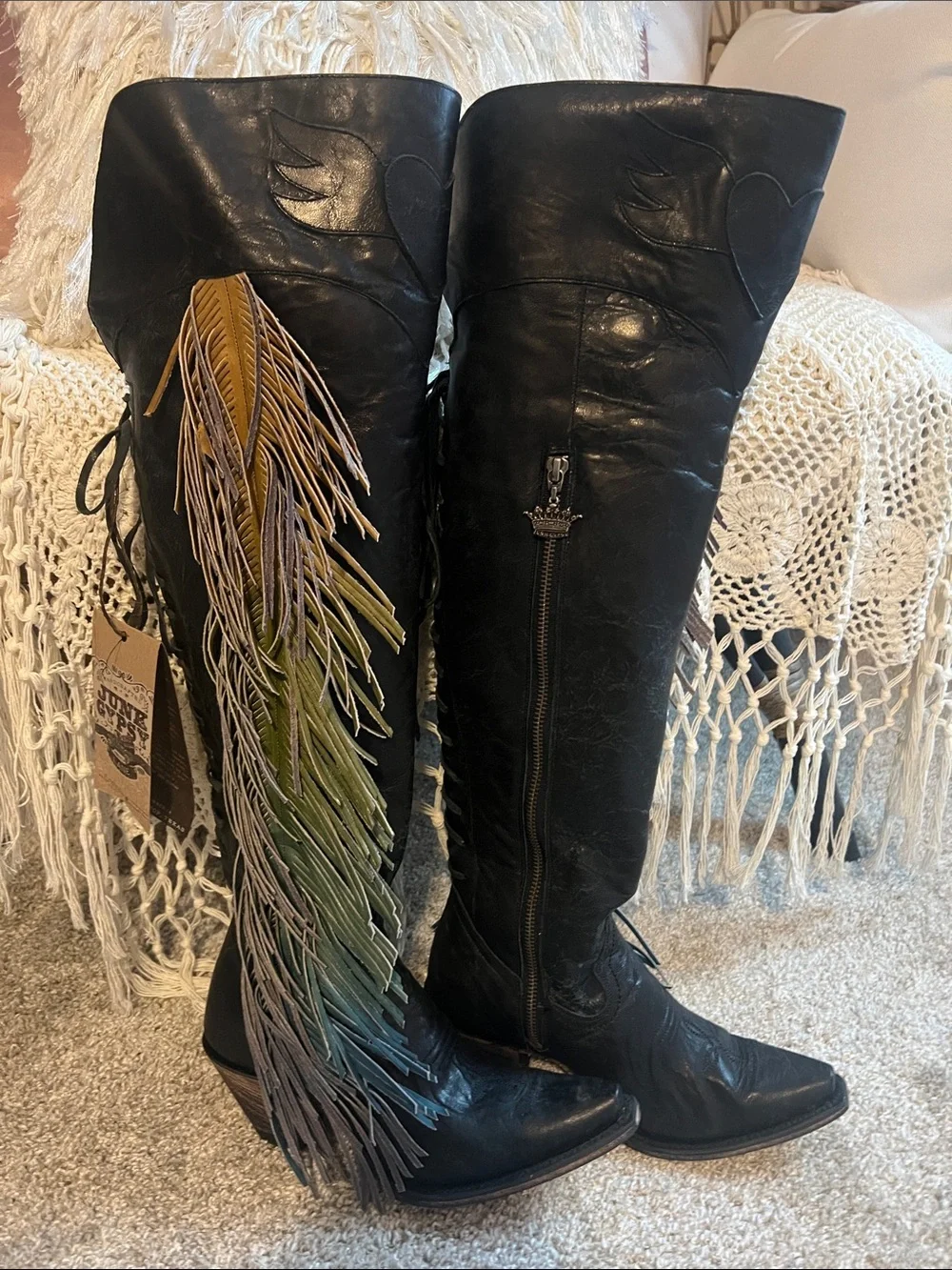 Junk Gypsy Spirit Animal Over-the-Knee Leather Boots with Ombré Fringe